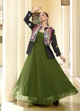 Mehendi Green Georgette Mirror Kutch Work Jacket Gown