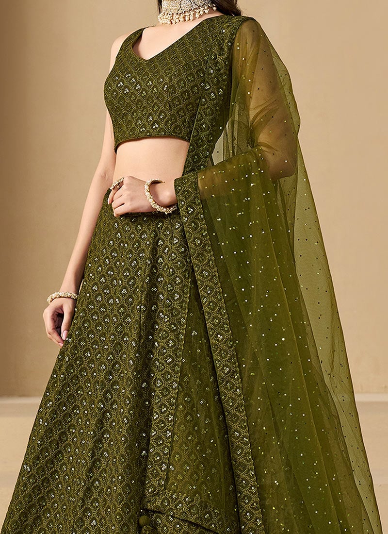 Olive Green Gold Coin Sequins Tread Embroidery Work Ethnic Dress