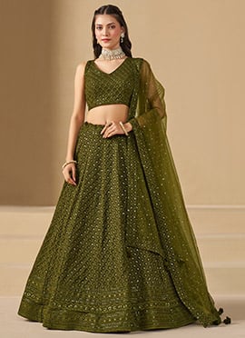 Mehendi Green Georgette Sequins Thread Embroidered Umbrella Lehenga Wedding Wear