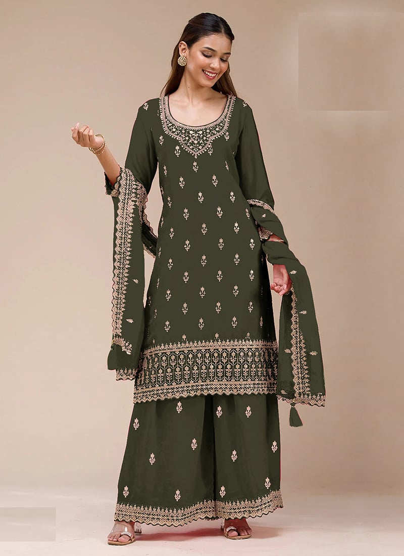 Mehendi Green Georgette Zari Embroidered Sequins Palazzo Suit Festive Wear