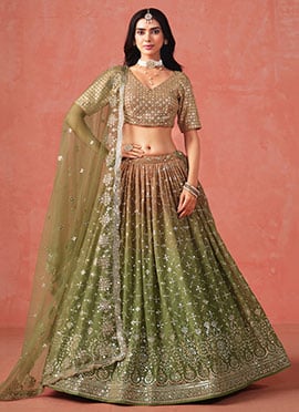 Mehendi Green Georgette Zari Embroidered Sequins Umbrella Lehenga Wedding Wear