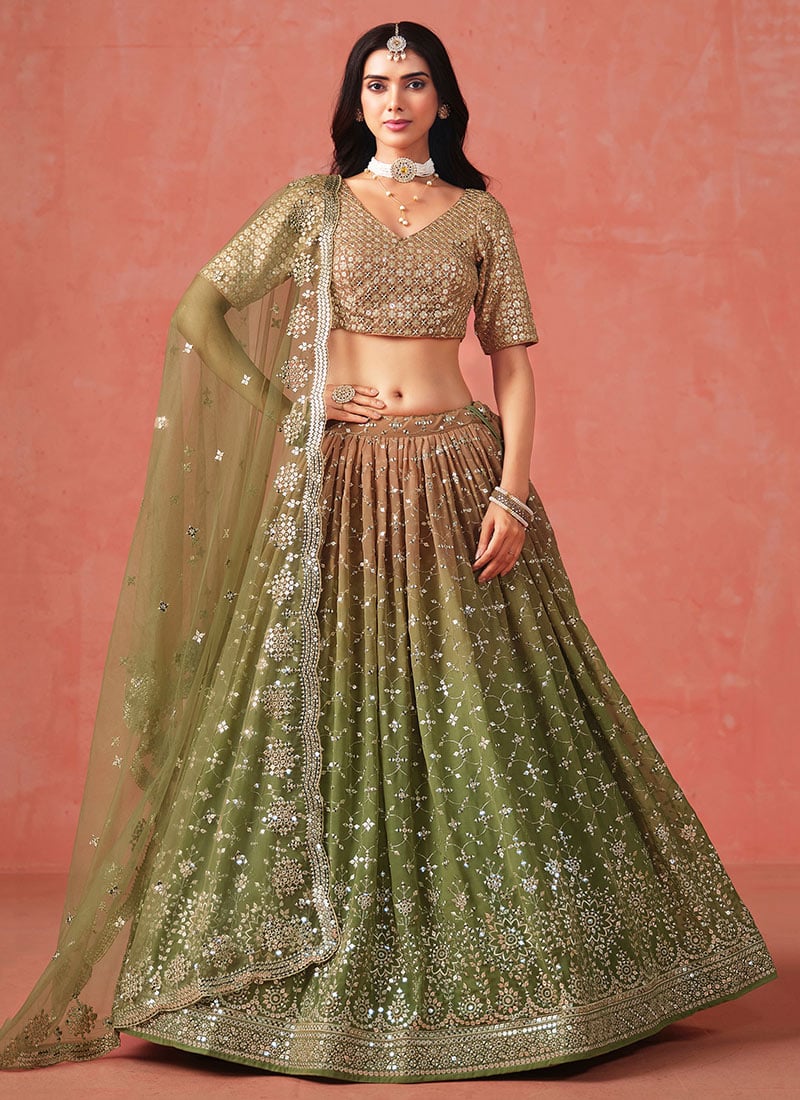 Mehendi Green Georgette Zari Embroidered Sequins Umbrella Lehenga Wedding Wear