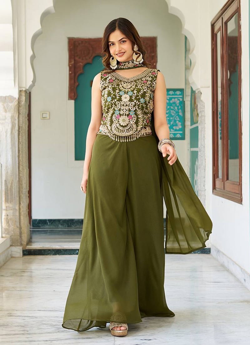 Mehendi Green Georgette Zari Sequin Embroidered Thread Indowestern Suit Set Festive Wear