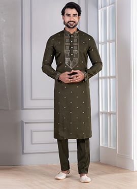 Mehendi Green Glame Cotton Sequins Thread Kurta Pyjama