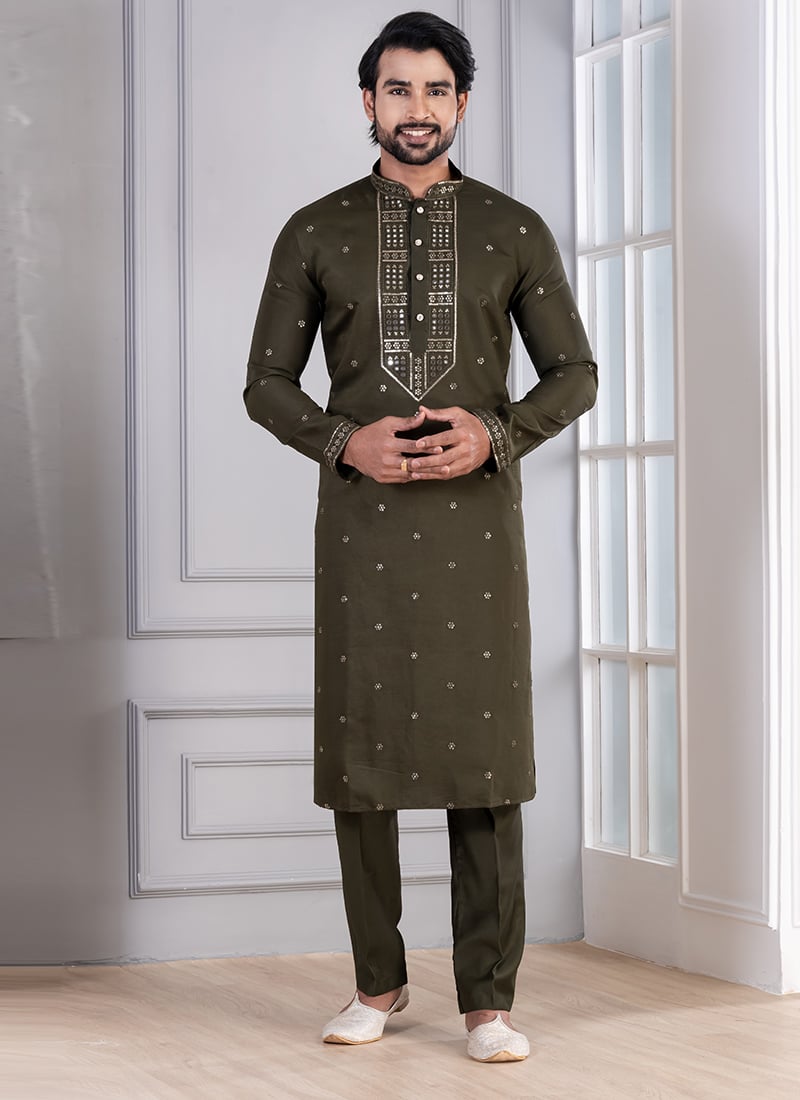 Mehendi Green Glame Cotton Sequins Thread Kurta Pyjama Festive Wear