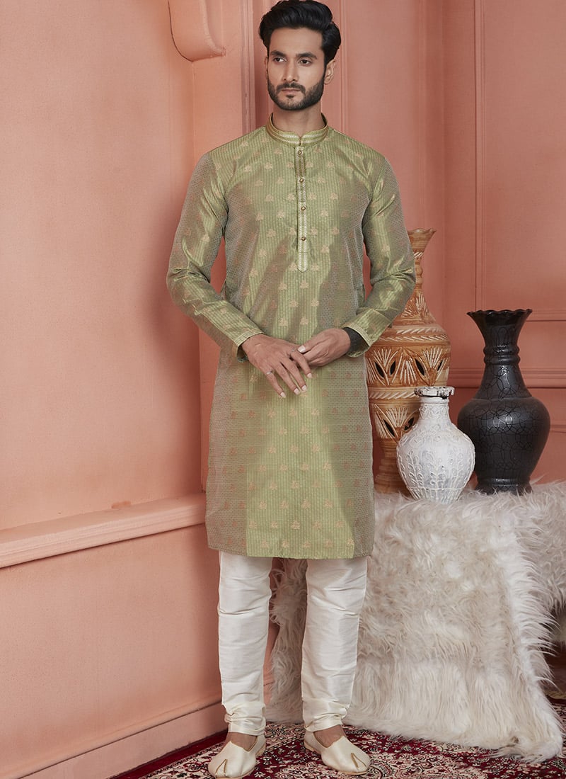 Mehendi Green Jacquard Banarasi Silk Zari Work Kurta Pyjama For Men