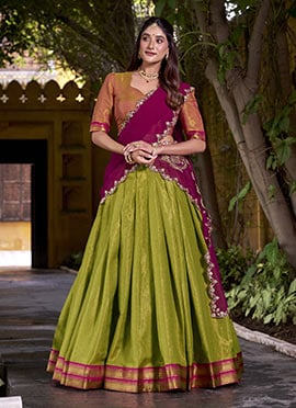 Mehendi Green Kanchipuram Silk Zari Embroidered Sequins Lehenga Festive Wear