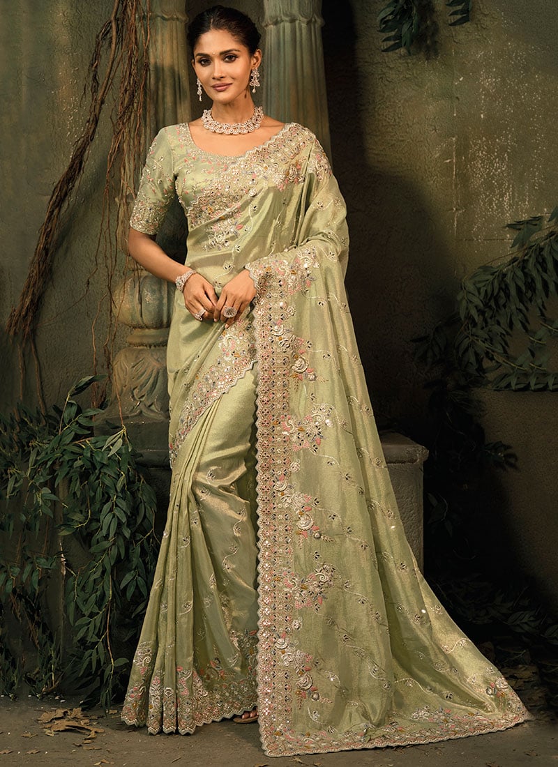Mehendi Green Kanjipuram Silk Mirror Work Saree Wedding Wear
