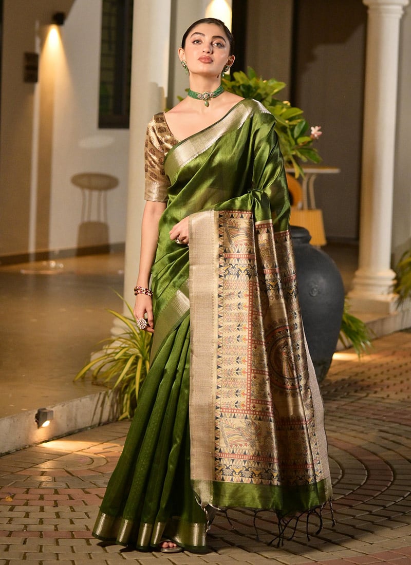 Mehendi Green Khadi Raw Silk Madhubani Printed Zari Woven Saree Festive Wear