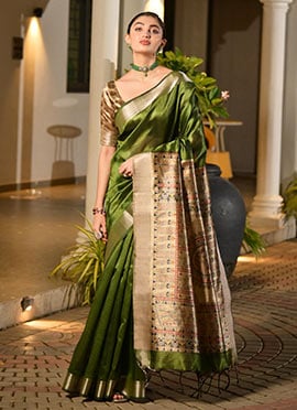 Mehendi Green Khadi Raw Silk Printed With Zari Woven Saree