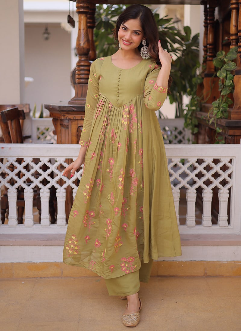 Mehendi Green Mal Chanderi Embroidered Kurta Straight Pant Set After Six Wear