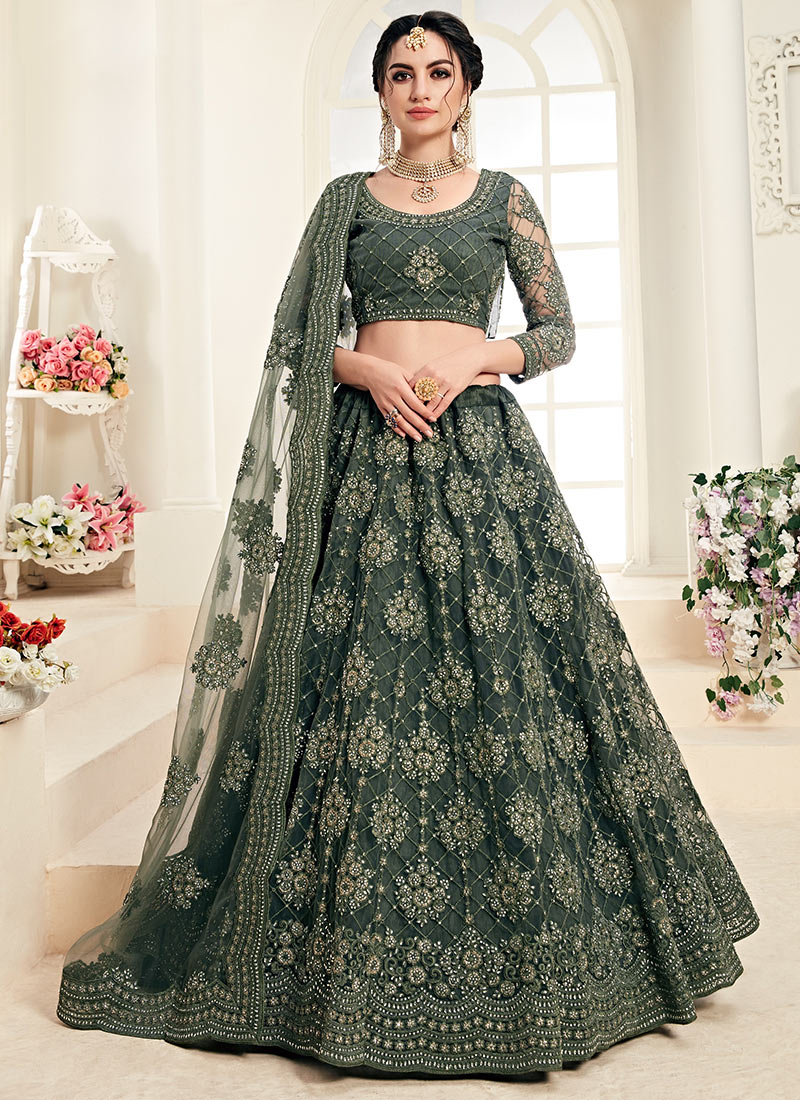 Mehendi Green Net A Line Lehenga Wedding Wear