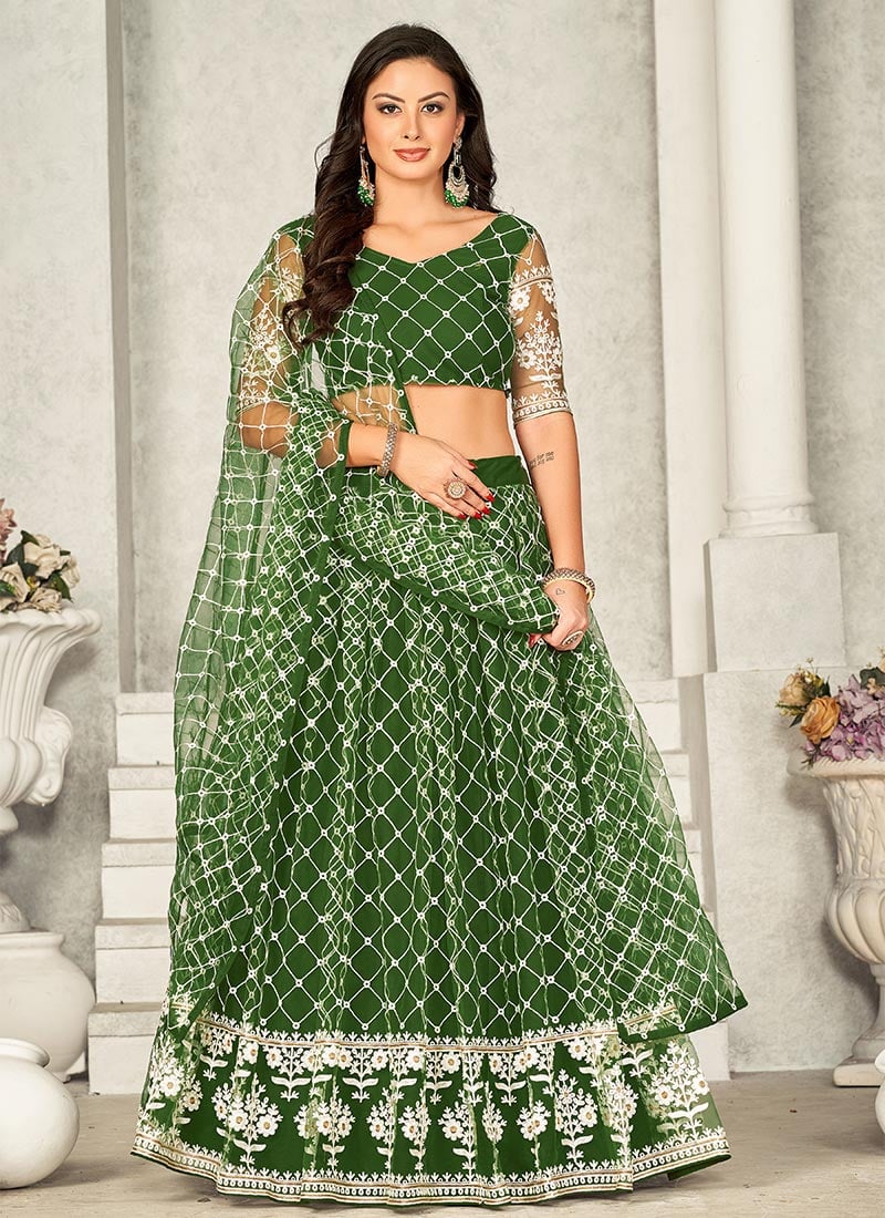 Mehendi Green Net Bollywood Style Umbrella Lehenga With Embroidery Party Wear