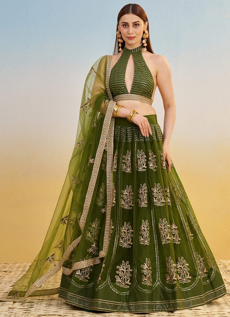 Mehendi Green Net Embroidered Sequins Lehenga Wedding Wear