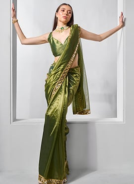 Mehendi Green Net Mirror Work Saree
