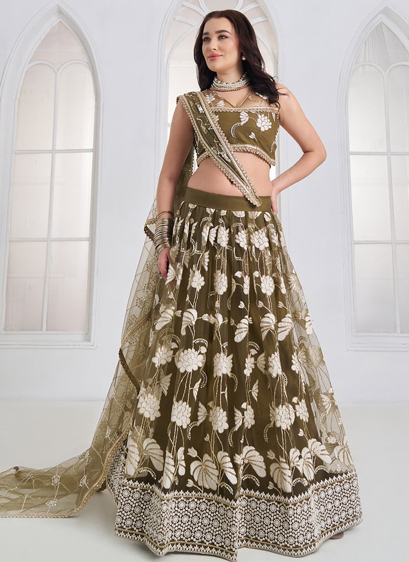Mehendi Green Net Sequins Thread Embroidered Lehenga Wedding Wear