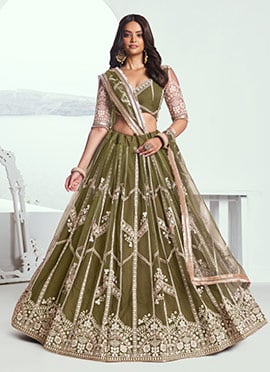 Mehendi Green Net Zari Embroidered Sequins Lehenga