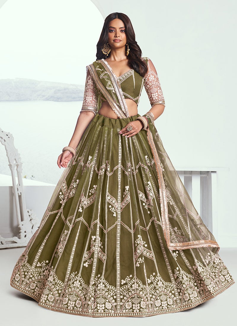 Mehendi Green Net Zari Embroidered Sequins Lehenga Wedding Wear
