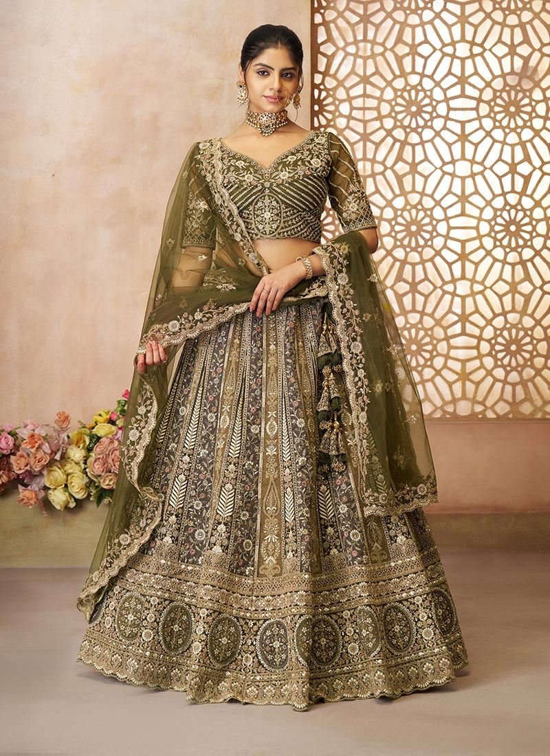 Mehendi Green Net Zari Embroidered Sequins With Stone Work Lehenga Wedding Wear-GHSKF04MGN