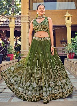 Mehendi Green Net Zari Sequins Embroidered Lehenga