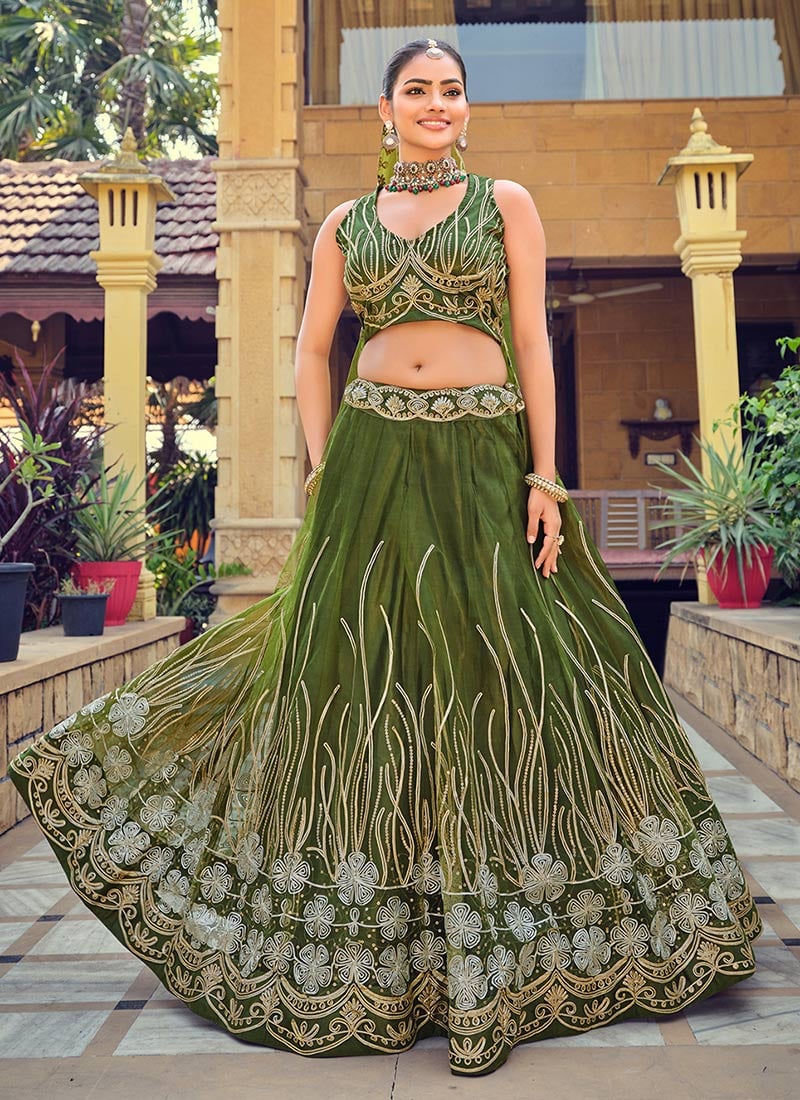 Mehendi Green Net Zari Sequins Embroidered Lehenga  Wedding Wear