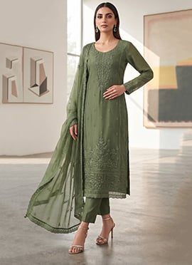 Mehendi Green Organza Chiffon Embroidered Straight Pant Suit