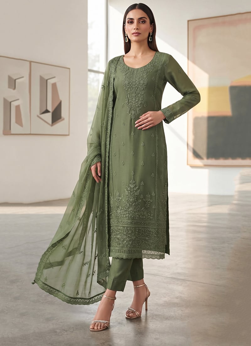 Mehendi Green Organza Chiffon Embroidered Straight Pant Suit Festive Wear