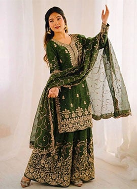 Mehendi Green Organza Silk Embroidered Sequins Sharara Suit