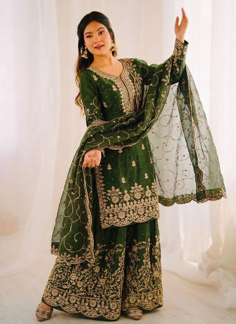 Mehendi Green Organza Silk Embroidered Sequins Sharara Suit Festive Wear