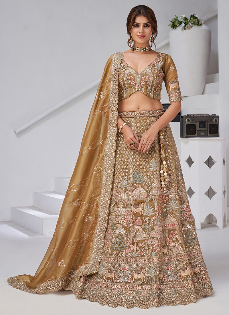 Mehendi Green Organza Tissue Zari Embroidered Sequins With Stone Work Lehenga  Wedding Wear
