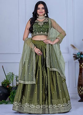 Mehendi Green Organza Zari Embroidered Sequins Lehenga