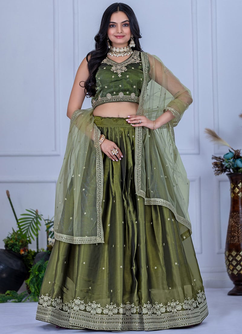 Mehendi Green Organza Zari Embroidered Sequins Lehenga Festive Wear