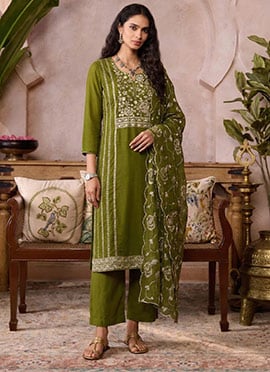Mehendi Green Organza Zari Embroidered Sequins With Beads Work Straight Pant Suit