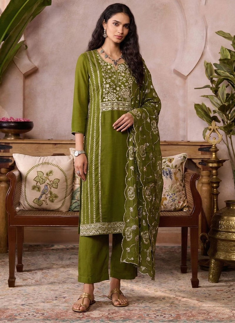 Mehendi Green Organza Zari Embroidered Sequins With Beads Work Straight Pant Suit Festive Wear
