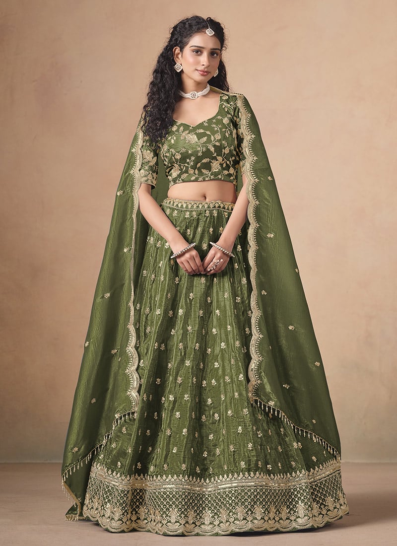 Mehendi Green Organza Zari Sequins Embroidered Lehenga Wedding Wear