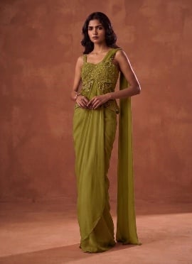 Mehendi Green Pre Draped Saree Sequins Cutdana Hand Embroidered Georgette