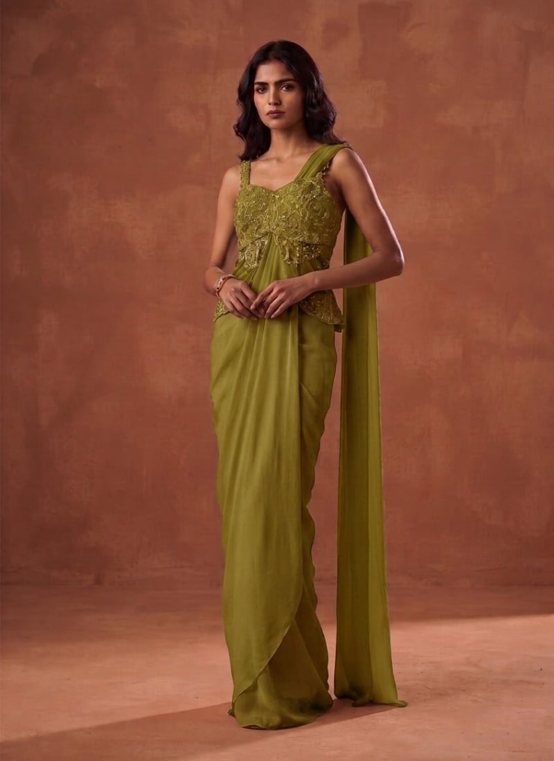 Mehendi Green Pre Draped Saree Sequins Cutdana Hand Embroidered Georgette Wedding Wear
