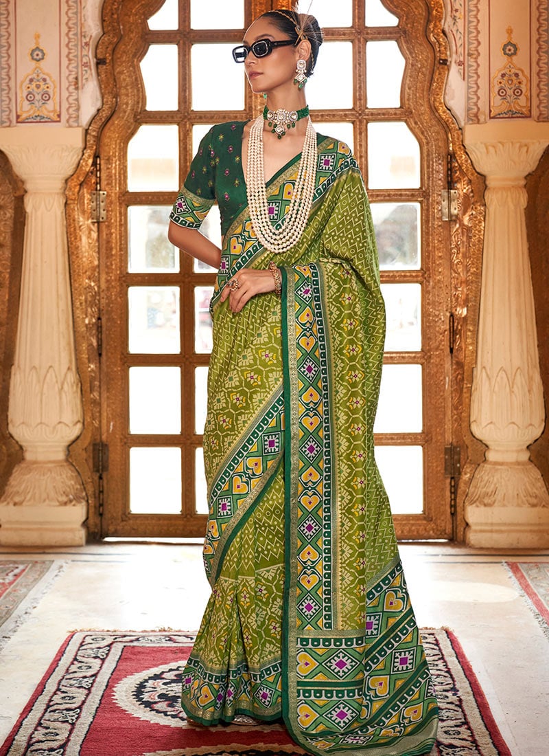 Mehendi Green PV Silk Digital Patola Print Saree