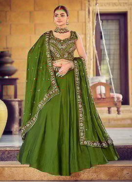 Mehendi Green Rangoli Silk Beads Sequins Embroidered Lehenga
