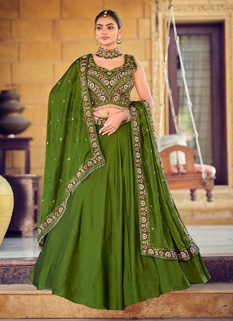 Mehendi Green Rangoli Silk Beads Sequins Embroidered Lehenga  Wedding Wear