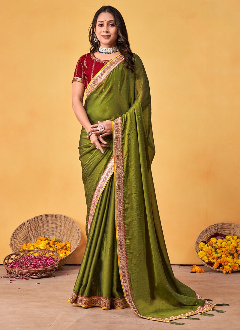 Mehendi Green Rangoli Silk Embroidered Sequins Tikki Work Saree Festive Wear