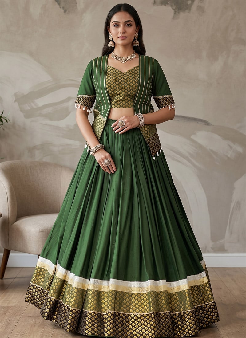 Mehendi Green Rayon Cotton Embroidered Indowestern Jacket Choli Lehenga For Navratri Queen Festive Wear