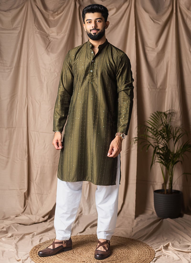 Mehendi Green Rayon Thread Embroidered Sequins Kurta Pyjama Festive Wear