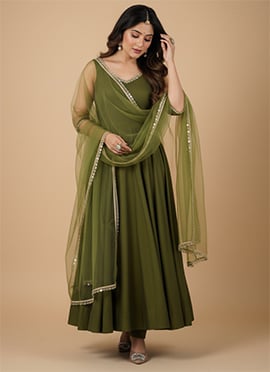 Mehendi Green Roman Silk Embroidered Anarkali Suit
