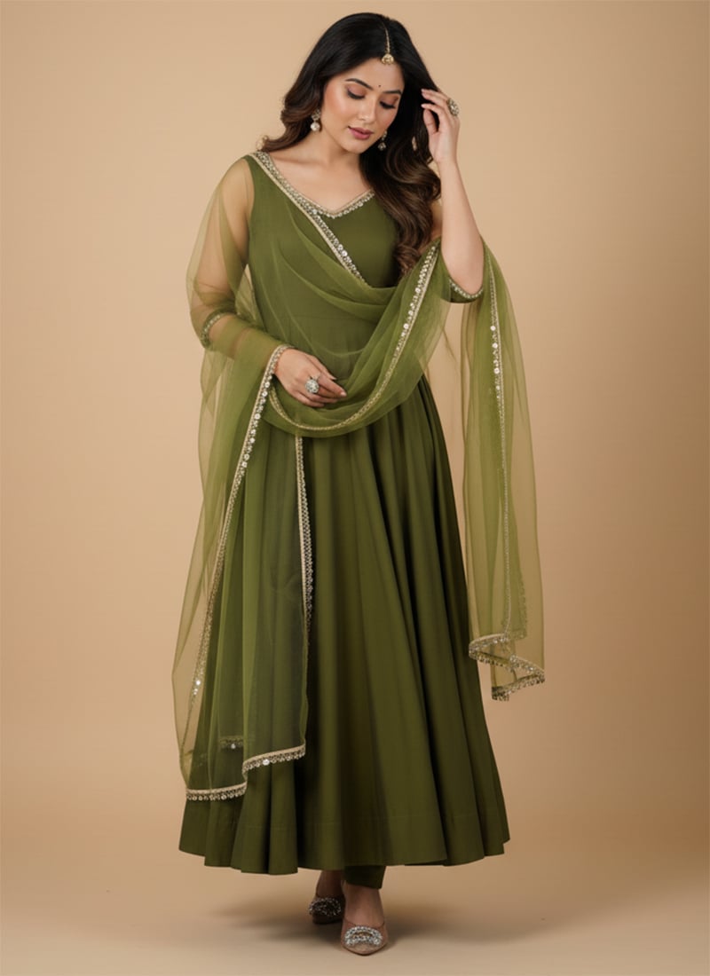 Mehendi Green Roman Silk Embroidered Anarkali Suit After Six Wear