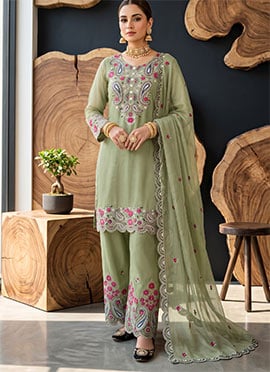 Mehendi Green Roman Silk Embroidered Palazzo Suit