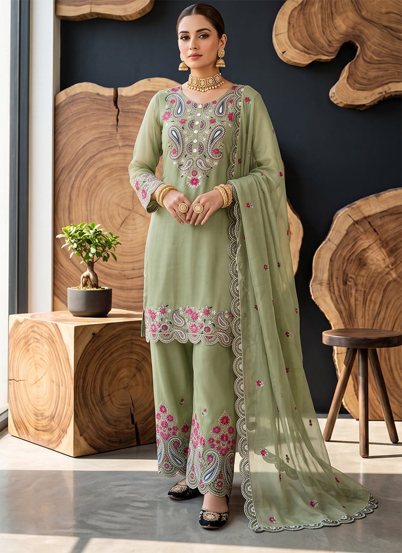 Mehendi Green Roman Silk Embroidered Palazzo Suit Festive Wear
