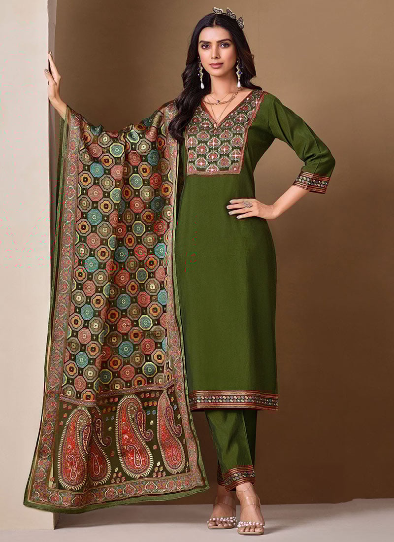 Mehendi Green Roman Silk Straight Pant Suit With Mirror Work.