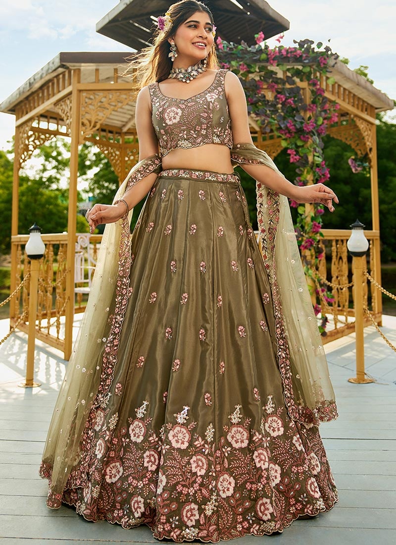 Mehendi Green Satin Embroidered Sequins Lehenga Wedding Wear