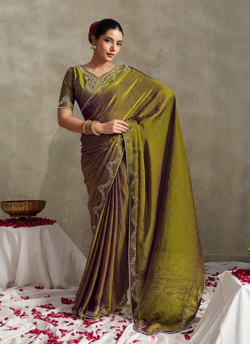 Mehendi Green Satin Silk Stone Saree Festive Wear